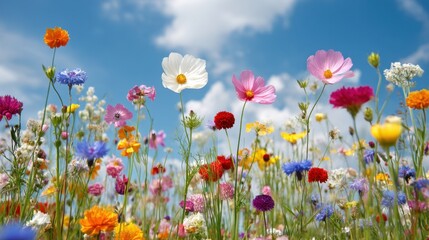 Naklejka premium Vibrant Colorful Wildflower Field Under Bright Blue Sky with Soft Clouds Capturing the Essence of Spring and Nature's Beauty in Full Bloom