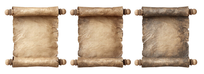 Three old scrolls, light to dark tones, aged edges, rolled texture