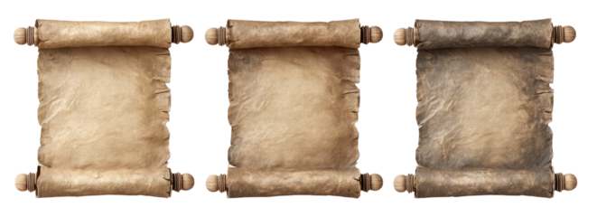 Three old scrolls, light to dark tones, aged edges, rolled texture