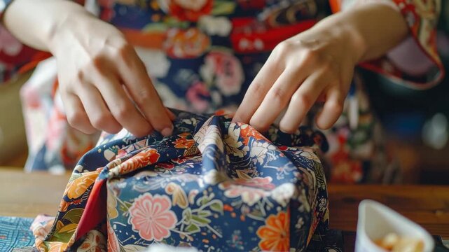 Close-up of hands tying a traditional Japanese furoshiki cloth with a floral pattern around a bento box.