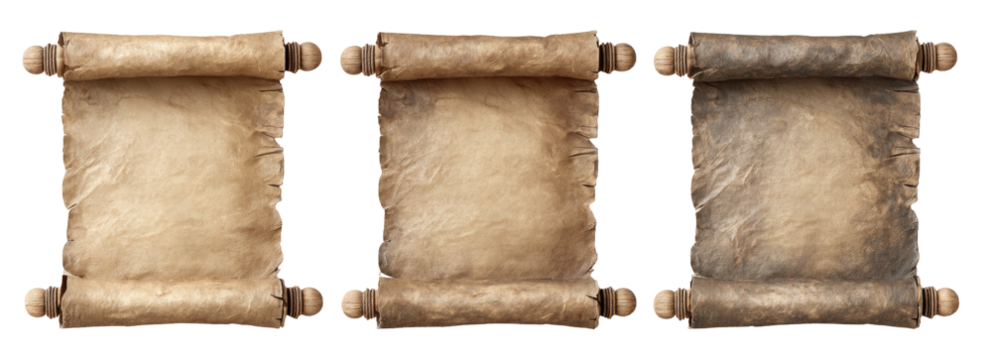 Three old scrolls, light to dark tones, aged edges, rolled texture