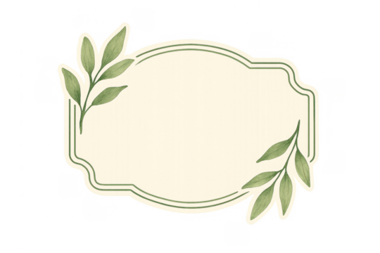 Vintage botanical frame label with green leaves on transparent background