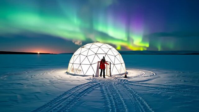Drone footage of luxury igloo hotel glowing on frozen Arctic landscape
