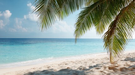 Fototapeta premium Serene Tropical Beach Scene with Palm Leaves Overlooking Calm Ocean Waters and Clear Blue Sky Illuminated by Soft Sunlight in Coastal Paradise