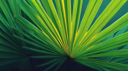 Obraz premium Lush Green Palm Leaves Backdrop with Varied Textures and Play of Light, Perfect for Nature, Tropical, or Zen Themed Projects and Designs