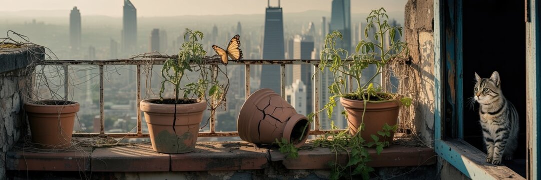Relaxed gray cat perched on urban balcony with potted plants and city skyline at sunrise, peaceful morning scene - Powered by Adobe