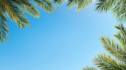 Bright Tropical Sky Framed by Lush Green Palm Leaves Under a Clear Blue Sky in a Relaxing Summer Atmosphere