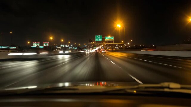 Night Highway Driving with Car Headlights on Dark Road