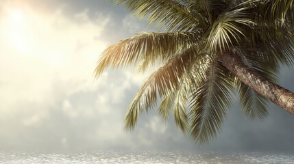 Serene Sunset Over Calm Ocean with Lush Palm Tree in Foreground Creating a Relaxing Tropical Paradise Atmosphere for Vacation Getaway Imagery