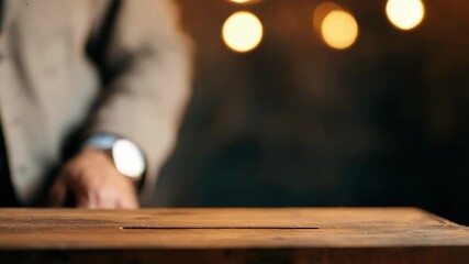Generative AI. Male individual in a suit is casting a ballot into a wooden box, symbolizing civic duty and participation in democratic processes, with warm ambient lighting in the background