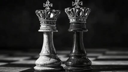 Generative AI. Black and white chess kings stand side by side on a checkered board, symbolizing strategy and competition in a classic game of intellect and skill - Powered by Adobe