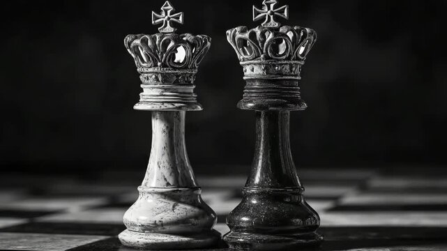 Generative AI. Black and white chess kings stand side by side on a checkered board, symbolizing strategy and competition in a classic game of intellect and skill - Powered by Adobe