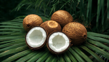 Fresh Coconuts on Palm Leaves A Tropical Feast of Nature's Bounty and Refreshment