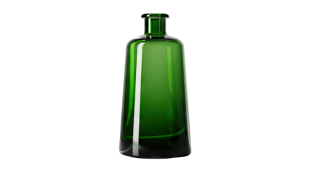 A Tall Green Glass Bottle with a Narrow Neck and a Wide Base on a Transparent Background Illuminated by Soft Studio Lighting