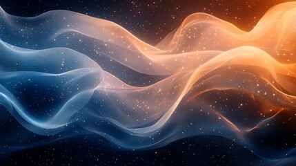 Abstract flowing waves of blue and orange light with particles