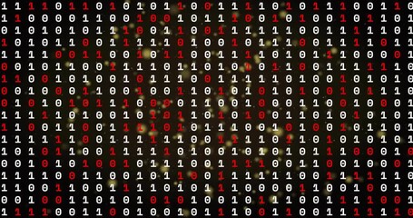 Binary grid pulsing and flickering after red pulse, warm glows centering then dimming, showing data - Powered by Adobe