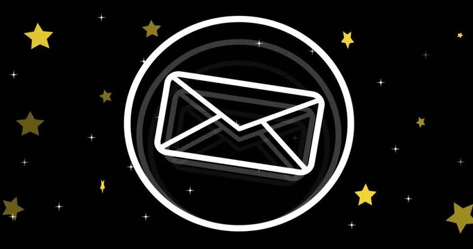 Lower-left stroke starting, envelope in ringed badge forming, tilting, pulsing, indicating new mail