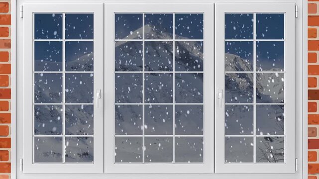 White window snow mountains frame a winter scene with falling flakes on brick wall, Snowy landscape viewed from the window