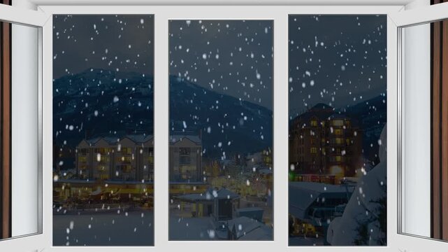 Open window reveals winter landscape background with snow fall and an illuminated building under a night sky