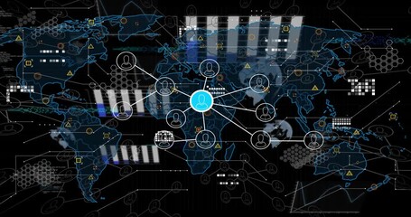 Central cyan hub appearing pulsing, sending spokes, linking nodes, overlaying panels, showing data - Powered by Adobe