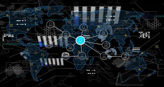 Central cyan hub appearing pulsing, sending spokes, linking nodes, overlaying panels, showing data - Powered by Adobe