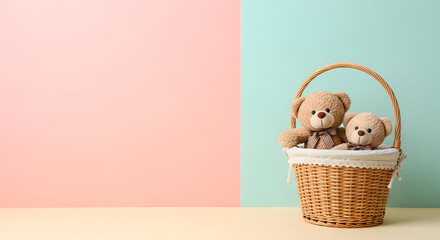 Adorable teddy bears in a basket on a split pastel background with space for text