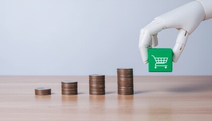 E-commerce Growth: A robotic hand carefully places a shopping cart symbol block atop a growing stack of coins, symbolizing the expansion of online sales and digital commerce.