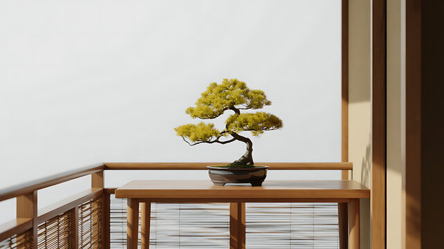 Tranquil bonsai tree on a wooden balcony with soft natural light - Powered by Adobe