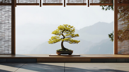 Serene bonsai tree displayed in traditional japanese window frame