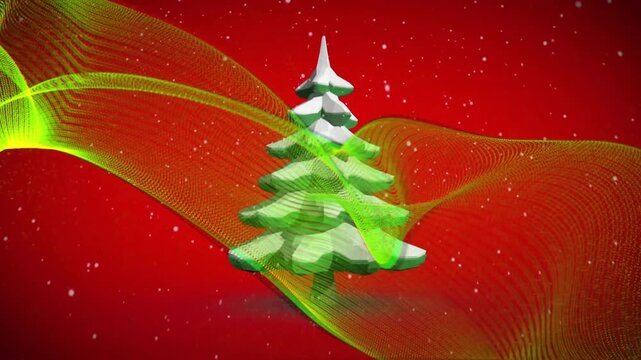 Neon ribbon entering from left, sweeping and looping around centered tree, decorating with snow