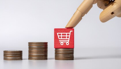 Online Shopping Growth: A symbolic depiction of e-commerce expansion, with a wooden hand interacting with a shopping cart icon atop a stack of coins, representing the rise of online retail.