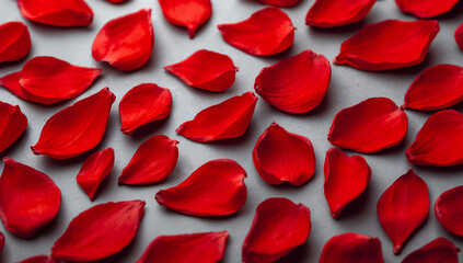 Vibrant red rose petals scattered artfully across a muted grey background, symbolizing love, passion, and natural beauty for romantic celebrations and special occasions