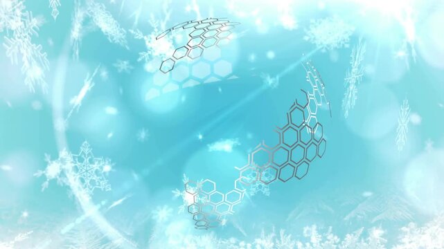 Floating hex bits starting assembly, panels forming, orbiting, splitting hex globe in winter loop