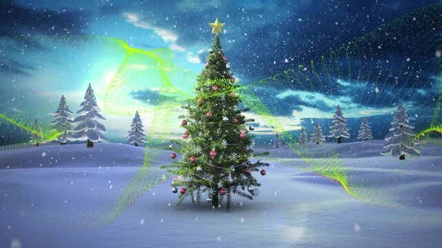 Luminous orb sparking green ribbon sweeping wrapping tree while snow falling to highlight baubles