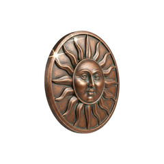 Naklejka premium Round Copper Sun Face Emblem With Detailed Rays And A Human Like Face Centered On A Black Background Illuminated By Dramatic Lighting