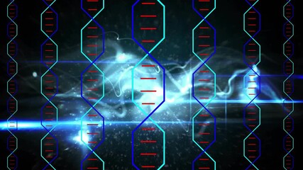 Blue beam crossing center, hitting hexes, center helix glowing, red ticks pulsing, focusing core - Powered by Adobe