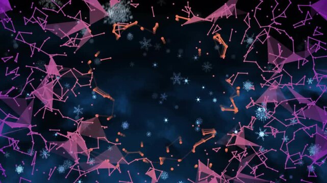 Edge magenta meshes emerging, polygonal ring forming, orange nodes orbiting creating visual frame