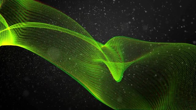 Sheer green ribbon appearing on dark, curling, flowing right, showing fluid motion, looping back