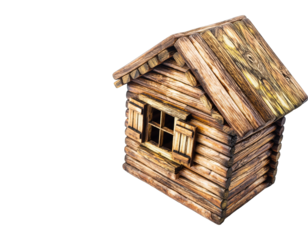Rustic Wooden Log Cabin Miniature Model Isolated on Black Background with Detailed Texture and Window Shutters