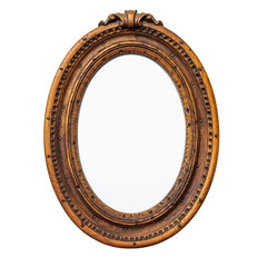 Antique oval mirror with ornate carved wooden frame displaying a reflective surface isolated on a black background for interior design and decor