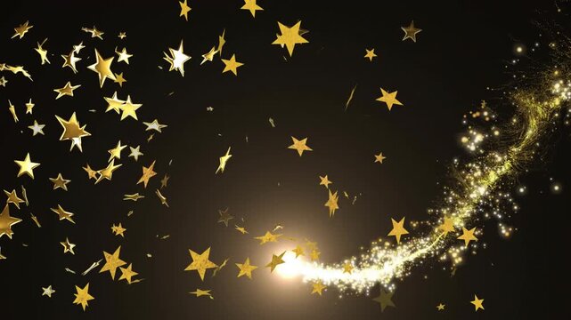 Glowing orb emerging from right leaving golden ribbon, swirling and scattering stars to show motion