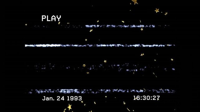 PLAY starting, tracking flickering, gold stars drifting, timecode advancing, creating retro tape