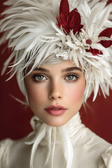 High-definition holiday photoshoot showcasing a chic model in glamorous red-and-white fashion. Refined styling and studio lighting highlight contemporary seasonal beauty