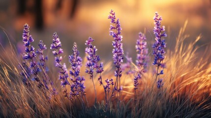 Obraz premium Soft Purple Wildflowers Blooming in Golden Field at Sunrise Creating a Serene and Tranquil Natural Landscape Scene for Relaxation and Beauty