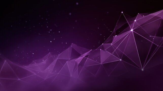 Abstract geometric background with triangular shapes and glowing particles in shades of purple and violet, creating a futuristic digital landscape