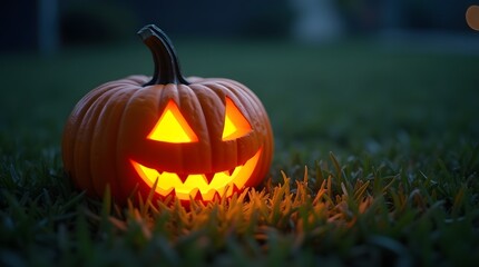 Spooky Jack-o'-lantern glowing in the grass on a dark Halloween night, a classic symbol of autumn celebrations and scary traditions
