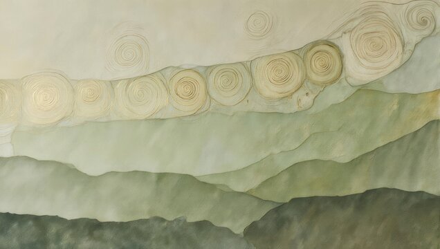 Abstract Watercolor Landscape with Circular Patterns in the Sky.