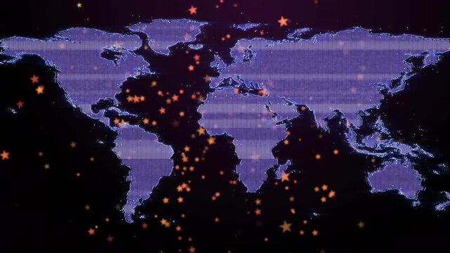 Left burst sparking orange stars drifting, clumping over equator on purple world map showing flow