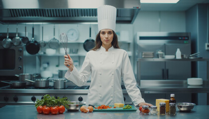Confident female chef in white uniform holding a whisk standing in a professional kitchen with ingredients cooking food preparation restaurant concept
