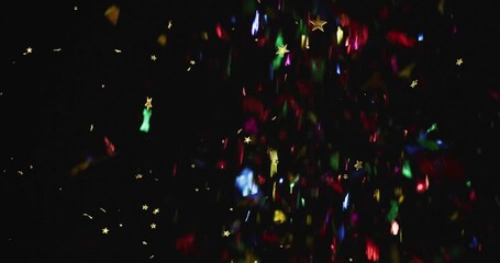 Offcamera burst sending gold stars and color foil falling, rotating into shiny column for contrast - Powered by Adobe